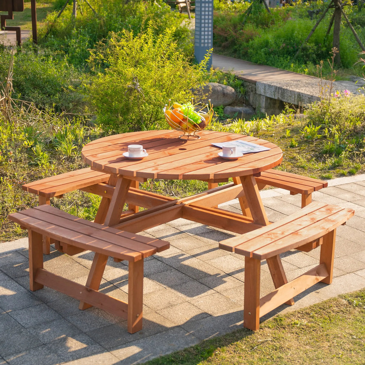 8 Seater Wooden Picnic Table and Bench Set Circular with 4 Benches Parasol Hole Fir Wood 227kg Capacity