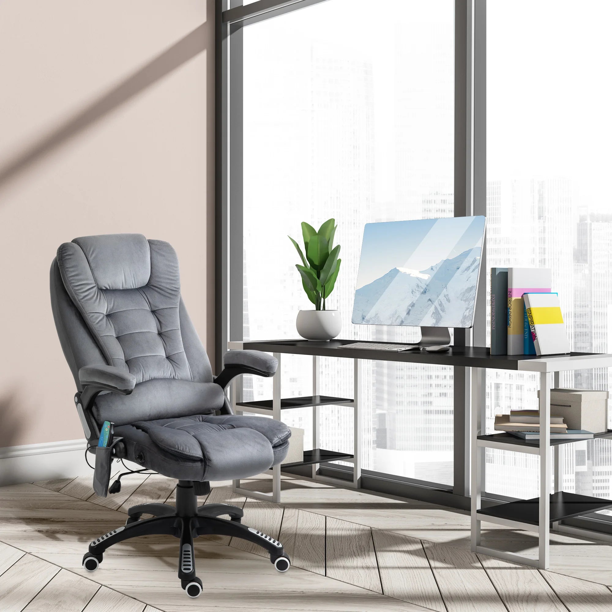 Grey Velvet Massage Office Chair with 6 Massage Points and Heat | 130° Reclining Height Adjustable Desk Chair