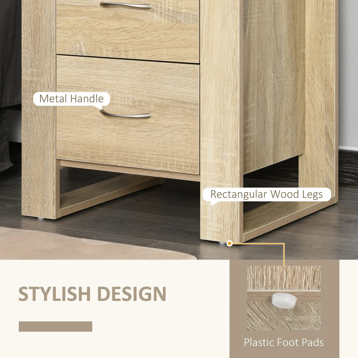 2 Drawer Boxy Bedside Table w/ Handles, Elevated Base, Oak Brown