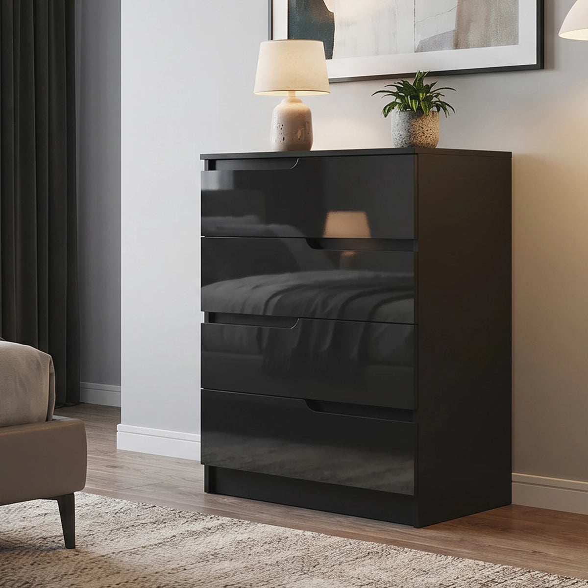 High Gloss 4-Drawer Chest of Drawers, 60 x 40 x 85cm, Black