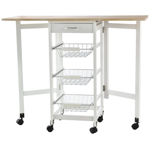 Drop-Leaf Kitchen Trolley with 3 Baskets, Drawer and 6 Wheels, White