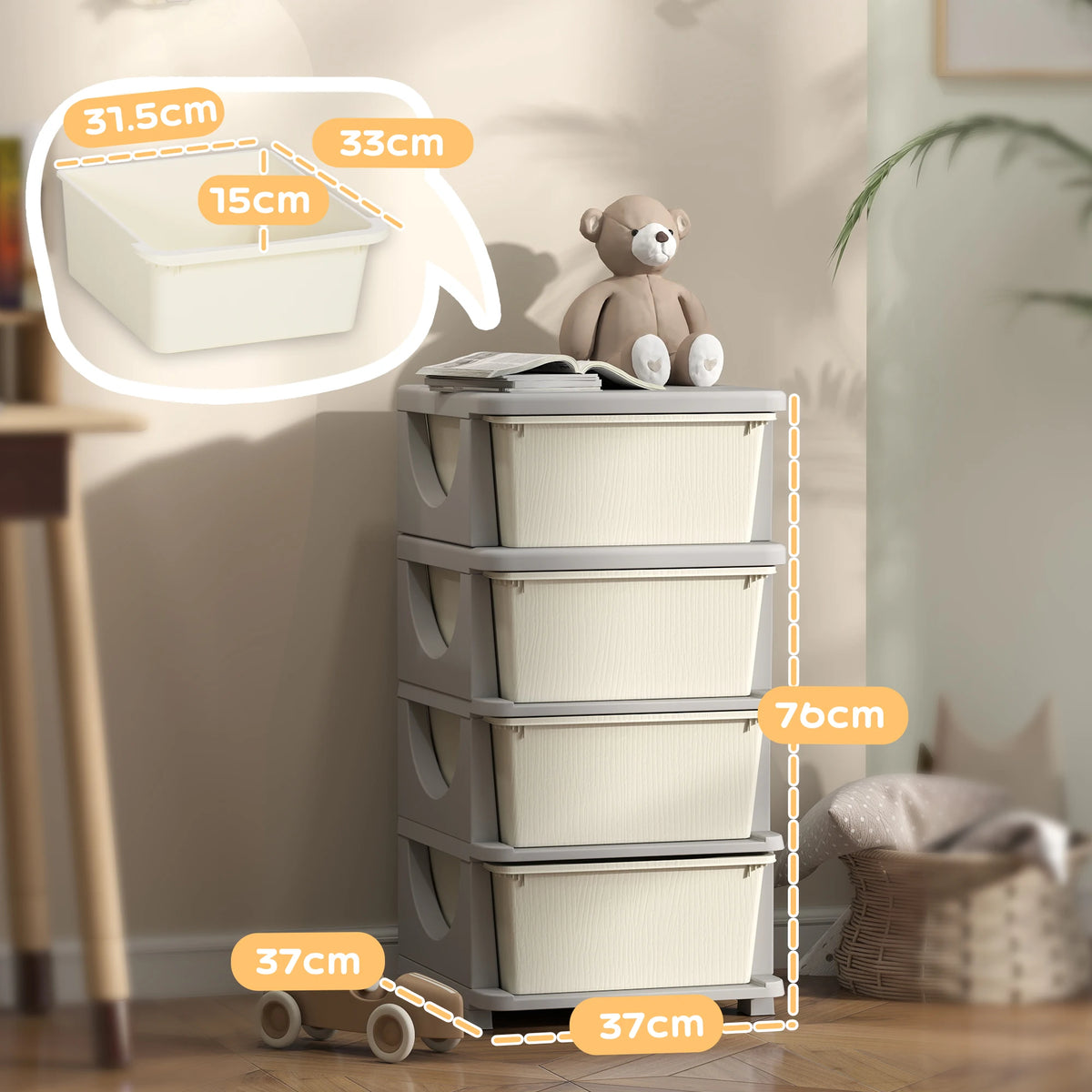 Kids 4 Tier Storage Drawer Unit Plastic Chest Tower with Removable Drawers Rounded Edges Cream