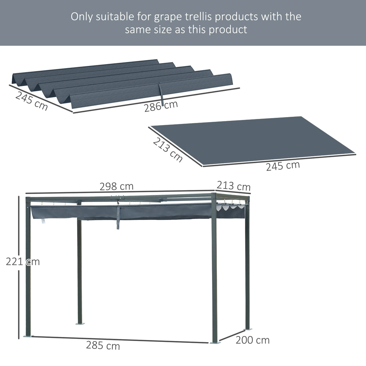 Replacement Pergola Canopy Roof 2.86 x 2.45m, Sun Shade Cover Top Only, Dark Grey