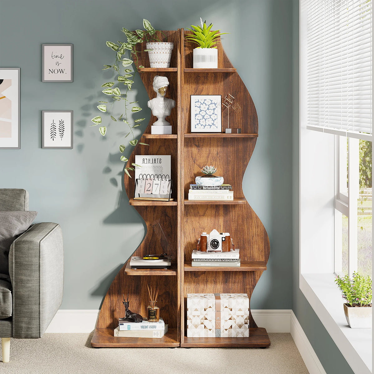 5-Tier Rustic Corner Wall Bookshelf with Sea Grass Design | Vintage Brown Corner Shelf Plant Stand