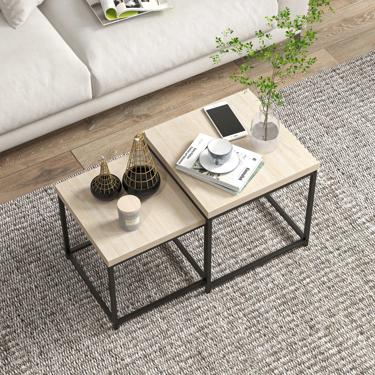 Coffee Table Set of 2, Nest of Tables with 3.5cm Thick Tabletop, Oak