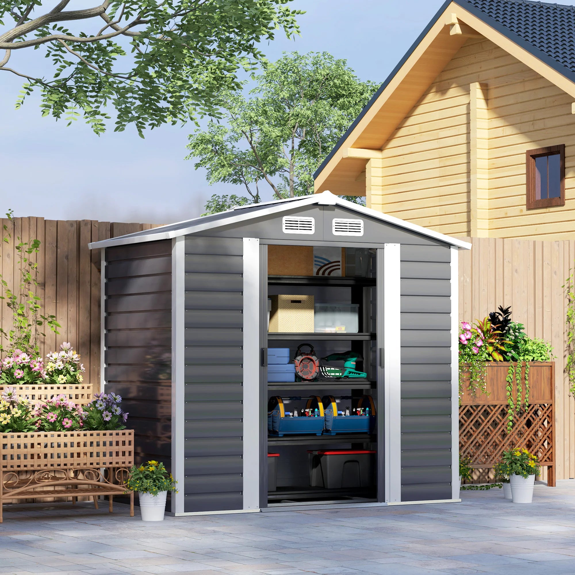 7 x 4ft Galvanised Metal Garden Storage Shed with Double Sliding Doors, Apex Roof and Ventilation