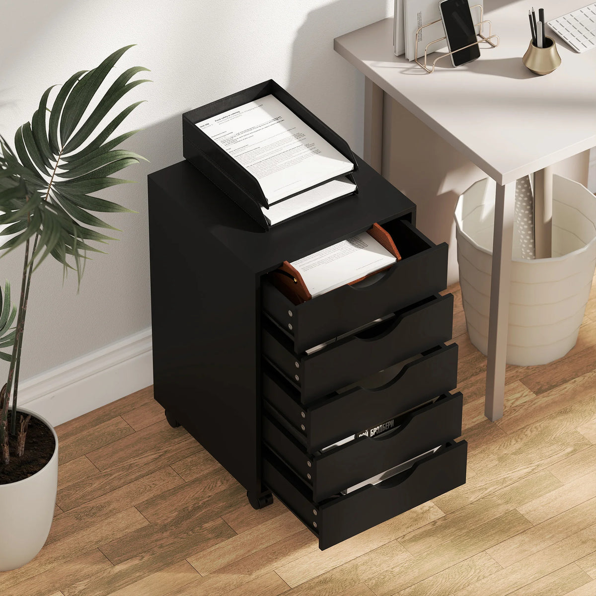5-Drawer Mobile Filing Cabinet on Wheels with Brakes, Black