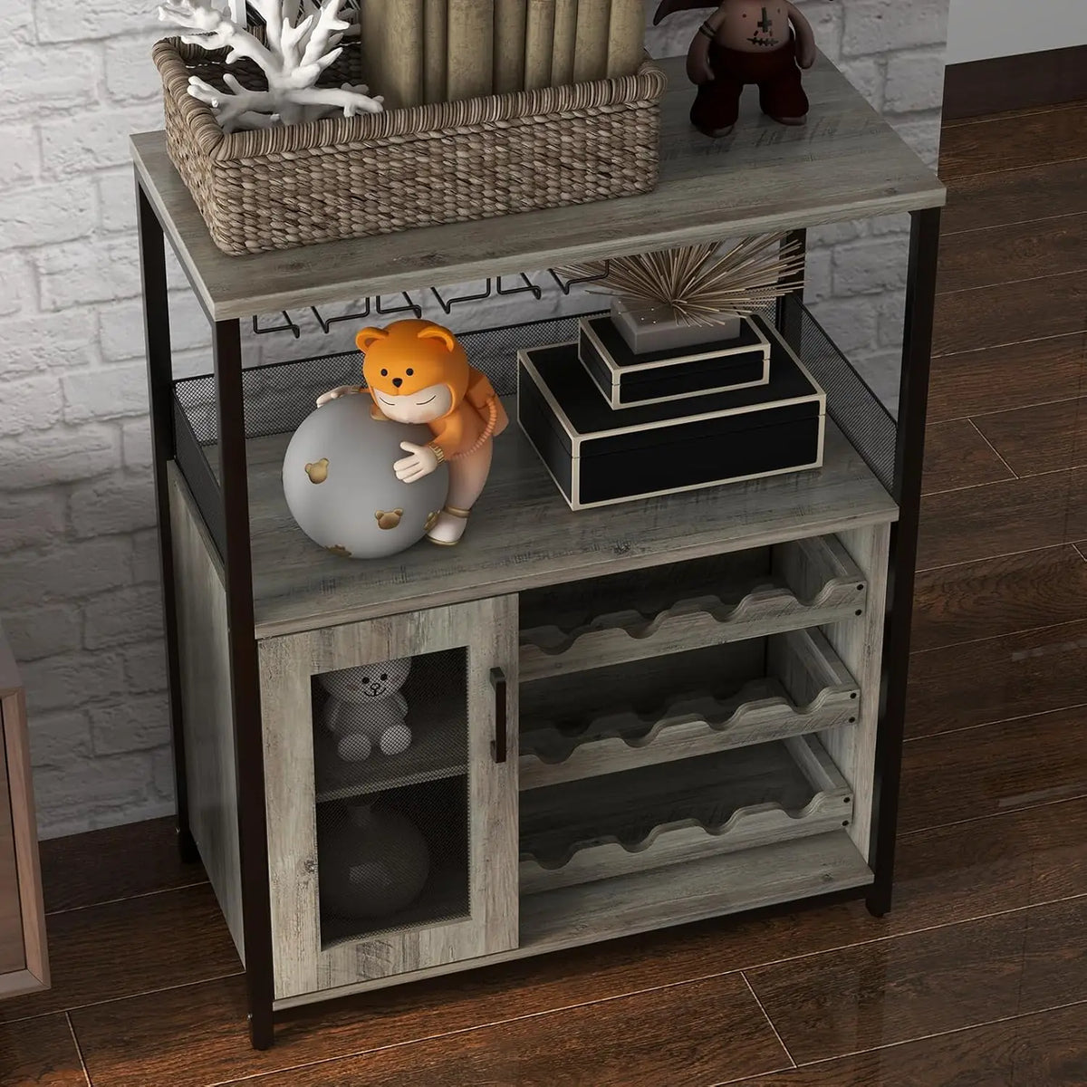 Bar Cabinet with Detachable Wine Rack and Glass Holder | 36 Inch Mesh Door Coffee Bar Cabinet with Adjustable Shelves