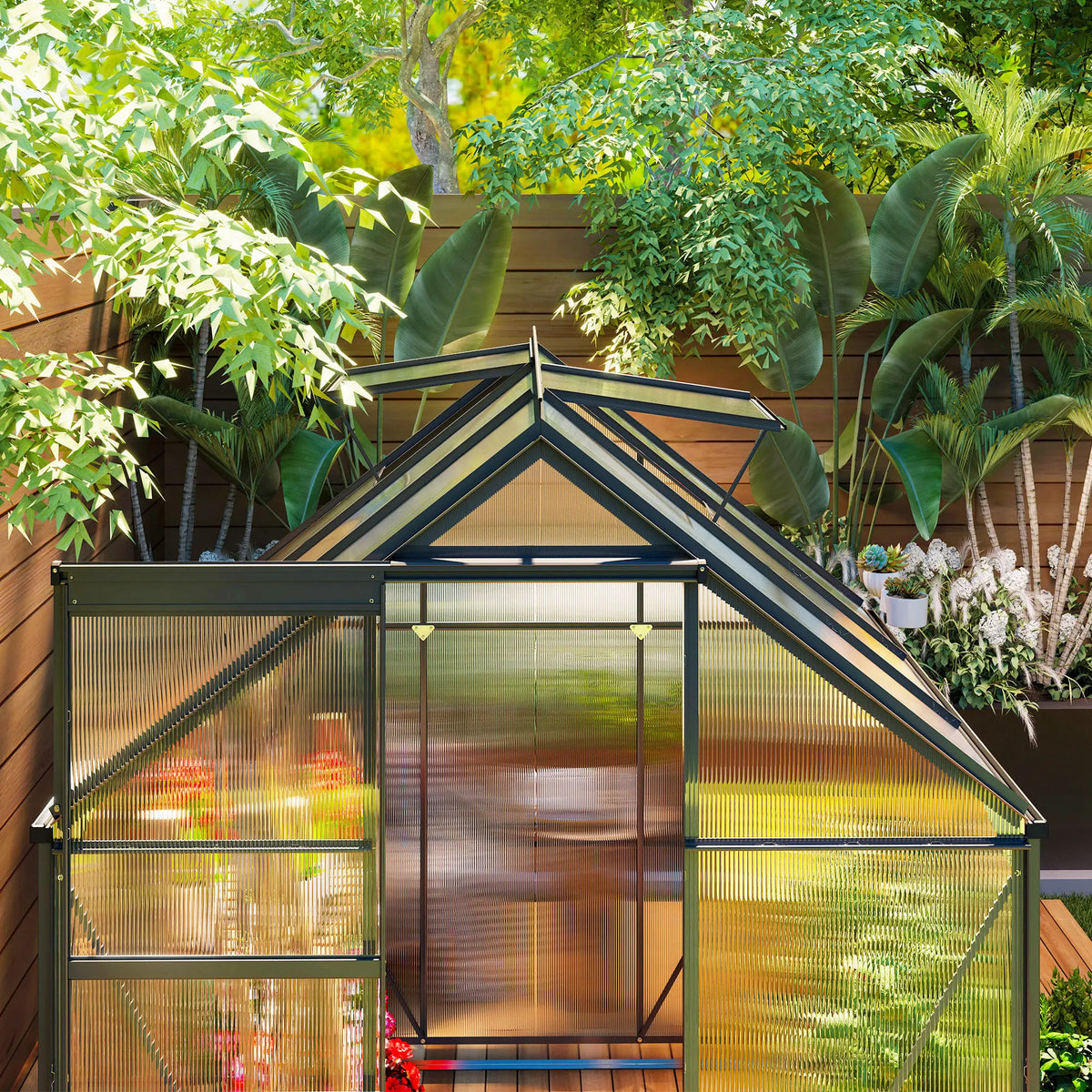 6 x 6ft Walk-In Polycarbonate Greenhouse with Aluminium Frame and Sliding Door, Grey