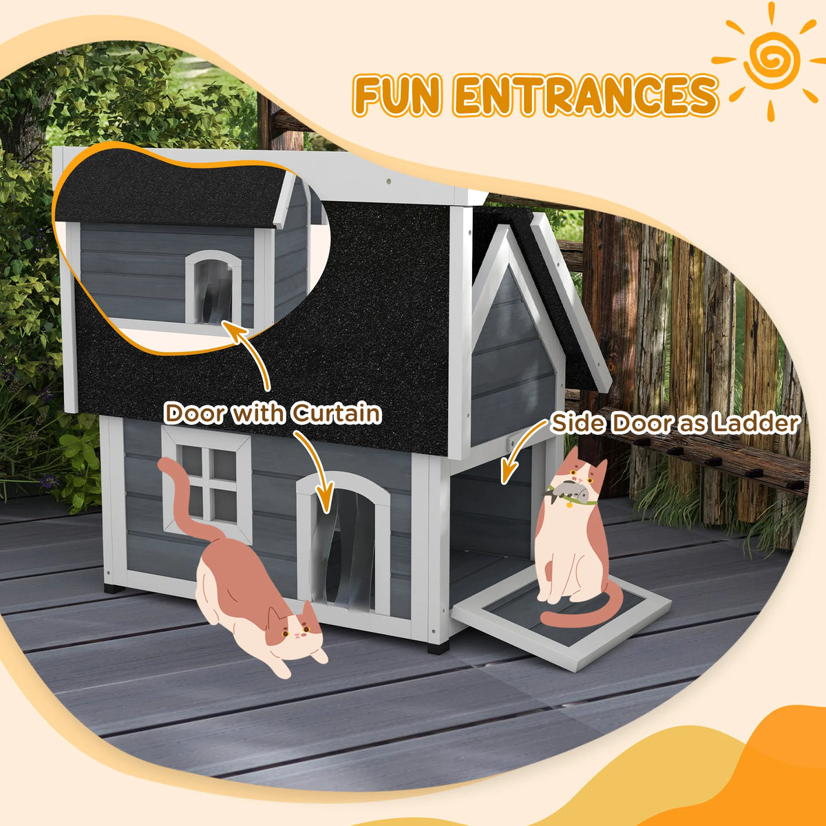 Outdoor Cat House with Openable Asphalt Roof and Three Doors, Grey