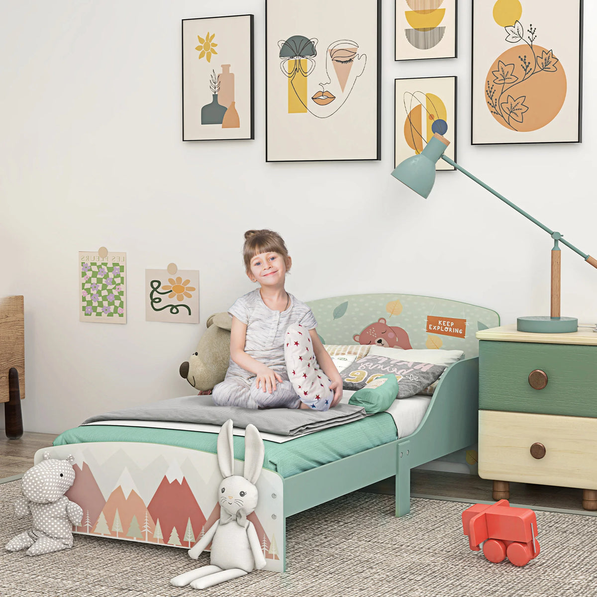 Toddler Bed Frame with Animal Design and Side Rails, 143 x 77cm, Green