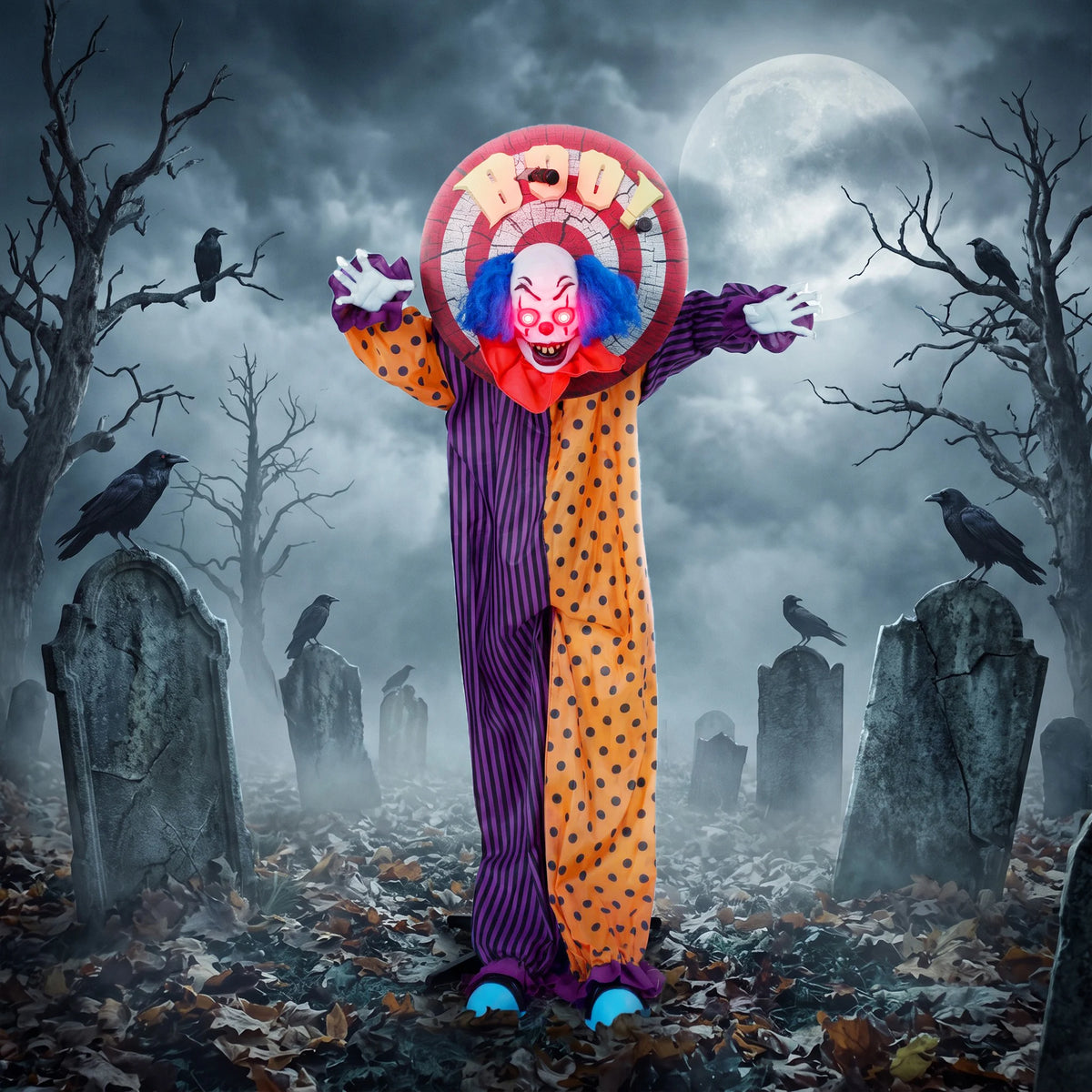 Clown prop with broken dartboard frame detail