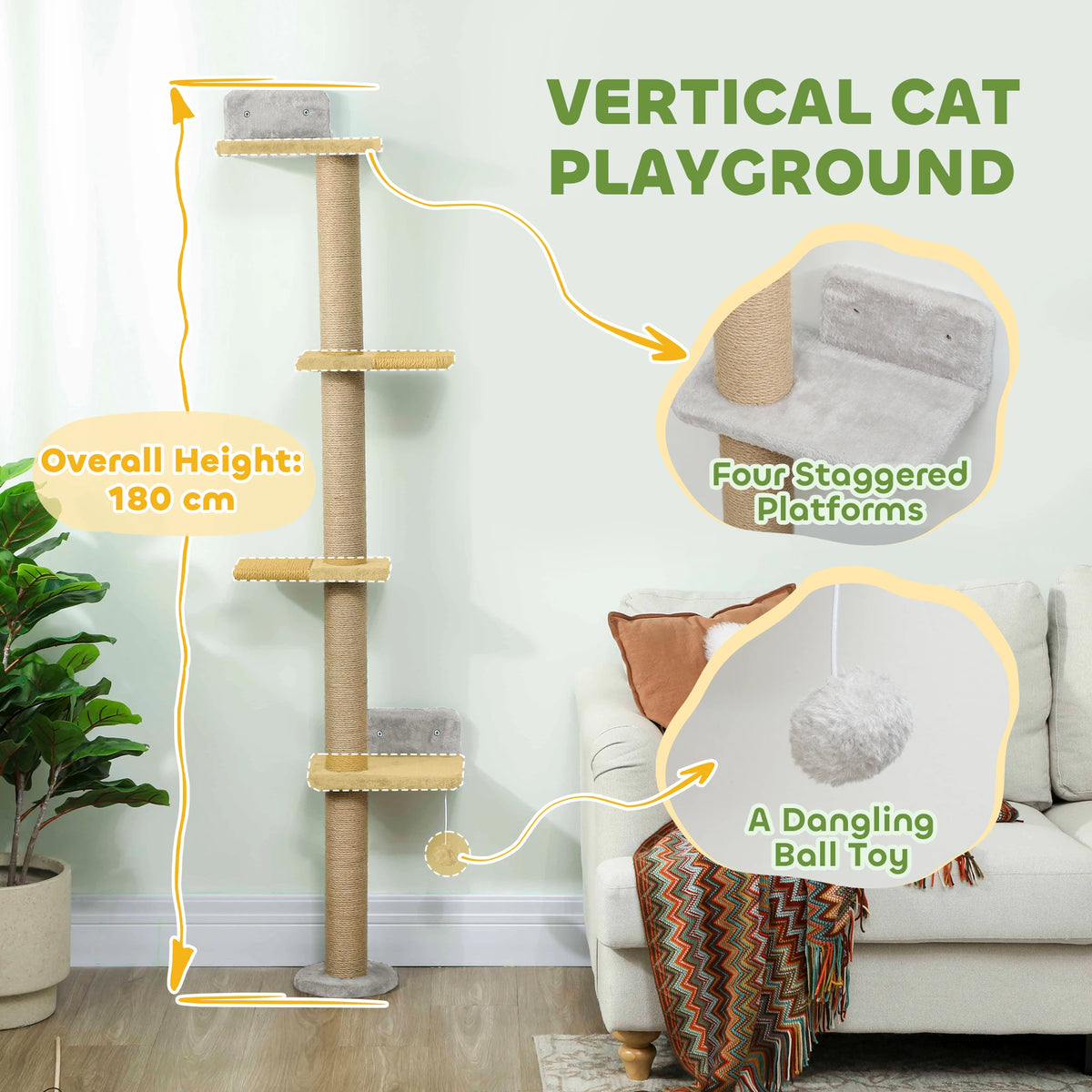 Wall Mounted Cat Shelves 48x21x180cm with 5 Climbing Platforms Sisal Scratching Post and Toy Light Grey