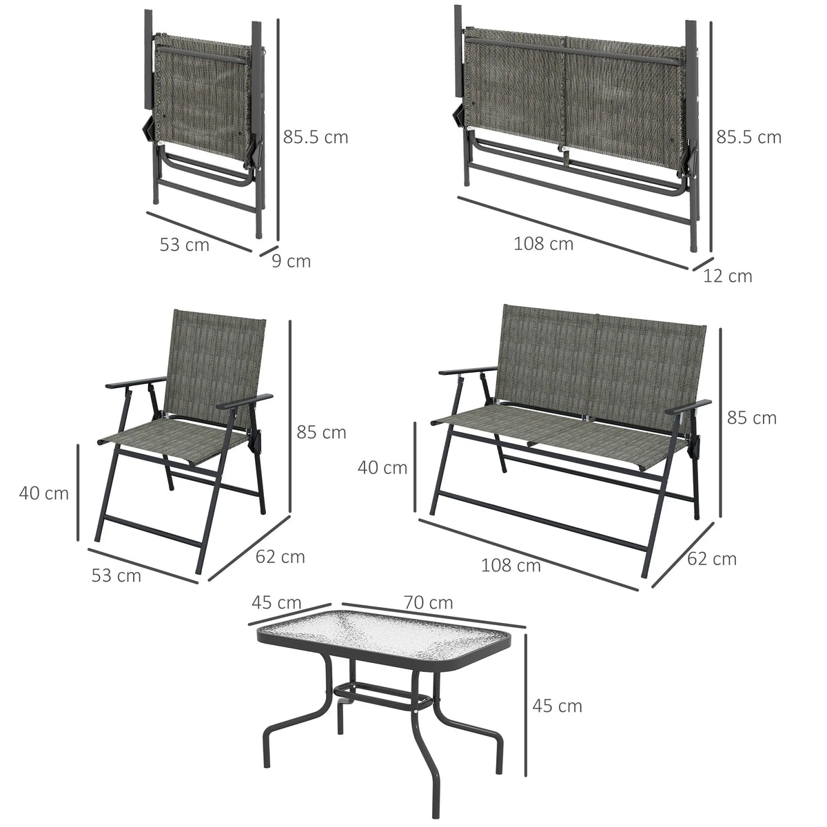 4-Piece Folding Garden Furniture Set with Loveseat, 2 Armchairs and Glass Table, Dark Grey