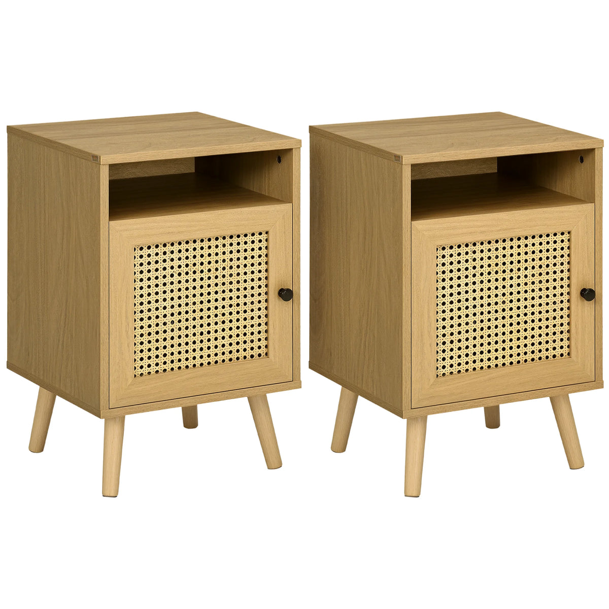Bedside Table Nightstand with Storage Shelf and Door Cupboard, Natural