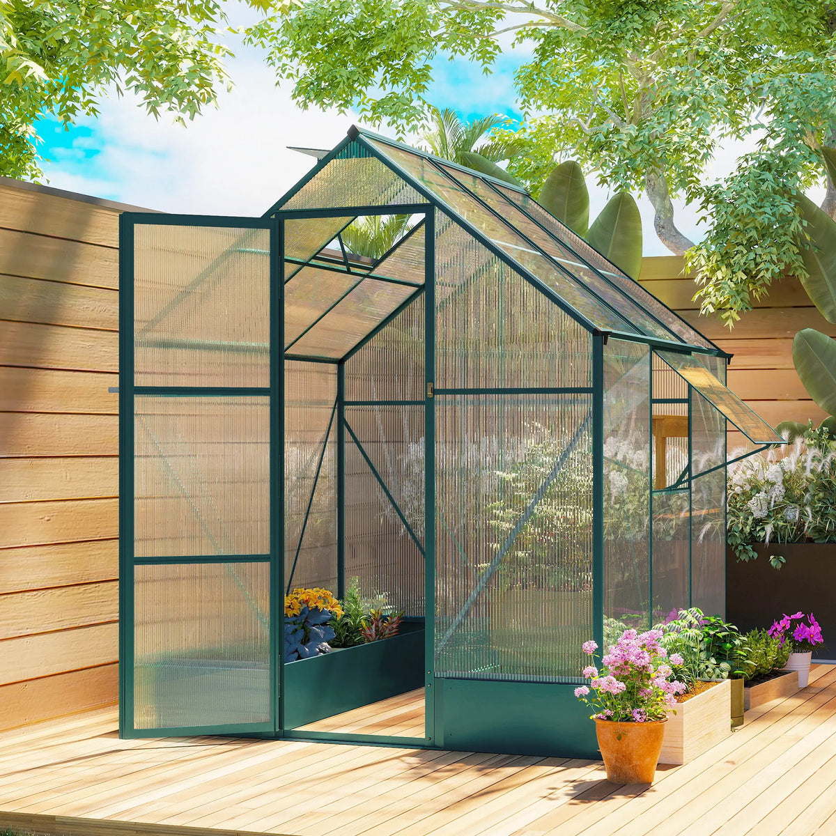 6 x 6ft Walk-in Polycarbonate Greenhouse with Aluminium Frame and Foundation