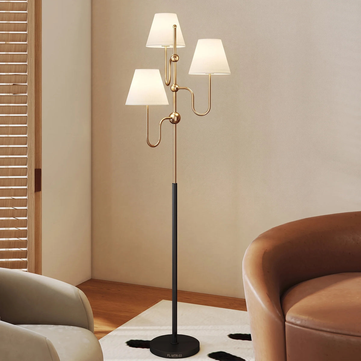 3-Light Floor Lamp with Linen Shades and Foot Switch, 165cm Tall