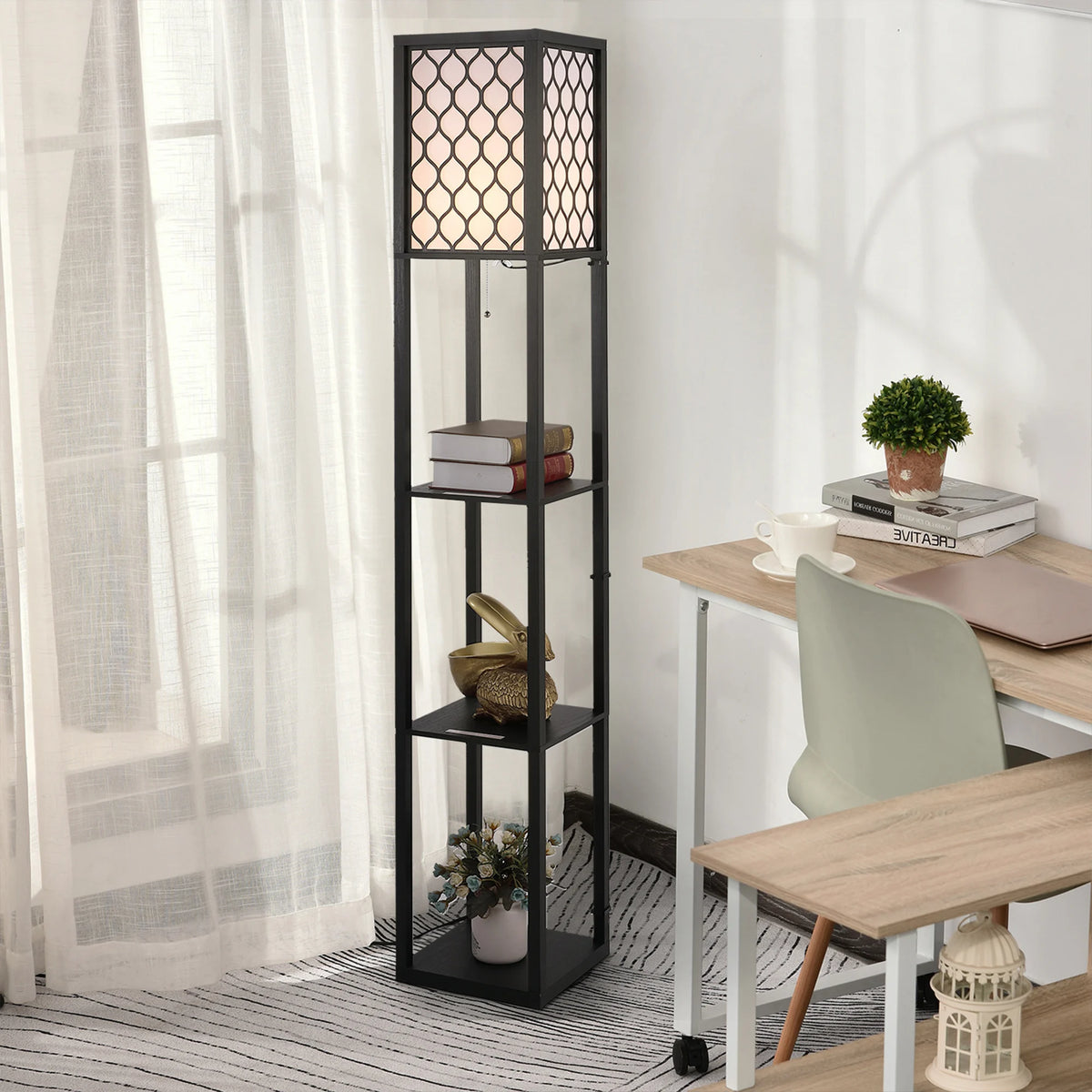 Floor Lamp with 3 Open Shelves, Corner Standing Light, Black