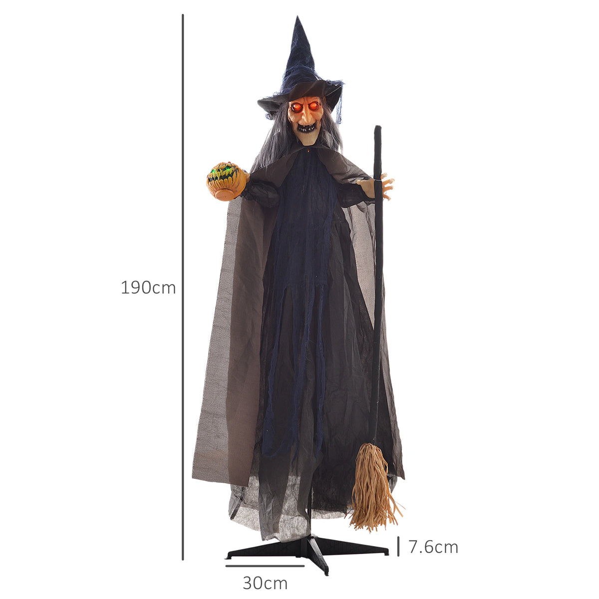 Halloween Witch with Broomstick Animatronic Prop, Light-Up Eyes