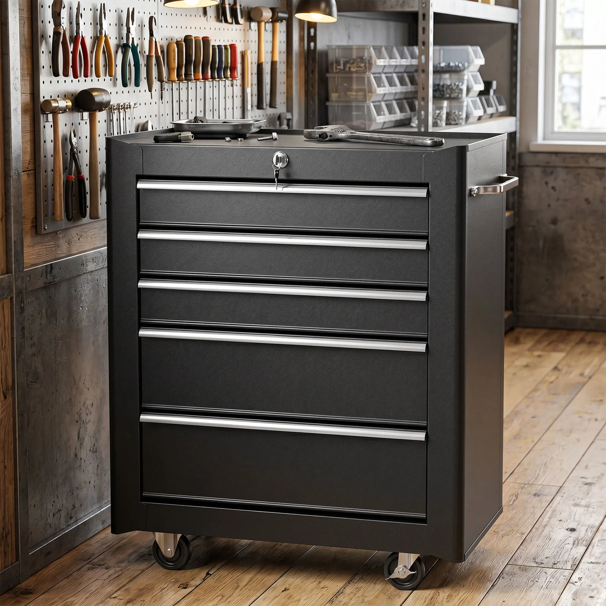 5-Drawer Lockable Steel Tool Cabinet on Wheels with Side Handle