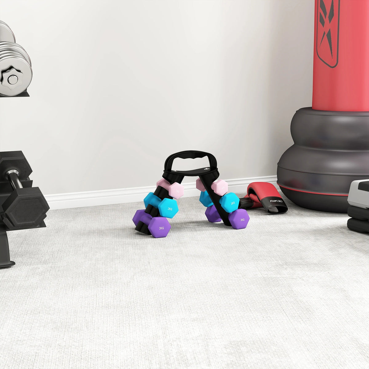 12kg Dumbbell Set with Storage Rack, 1kg, 2kg and 3kg Pairs, Pink, Blue and Purple