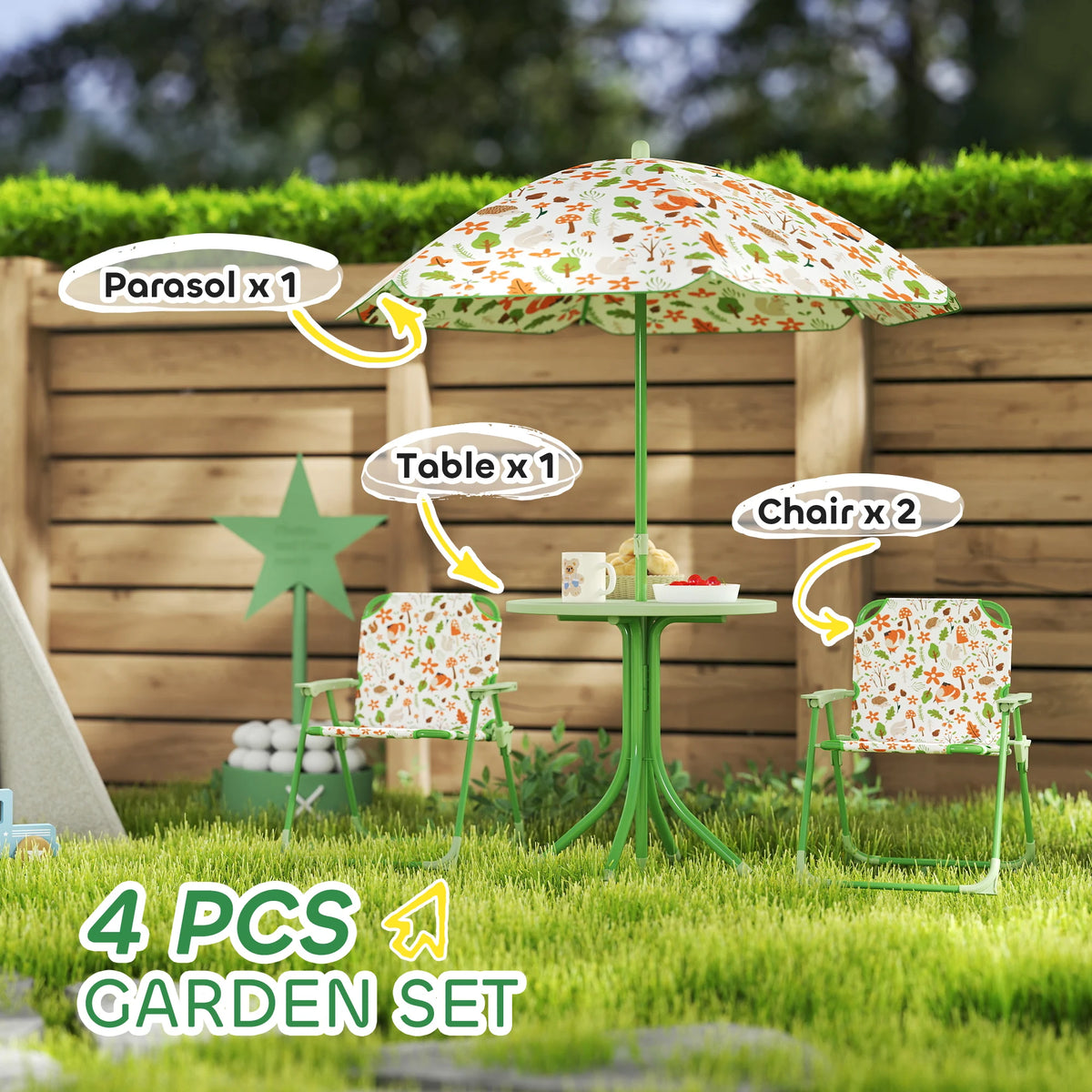 Kids Garden Table and Chair Set with Removable Parasol Fox Design 4 Piece Folding Steel for Ages 2-5 Green