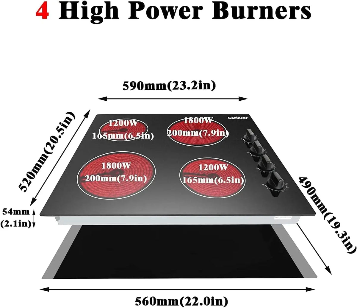 4 Burner Electric Cooktop 6000W Built In Hob with Knob Control Residual Heat Indicator