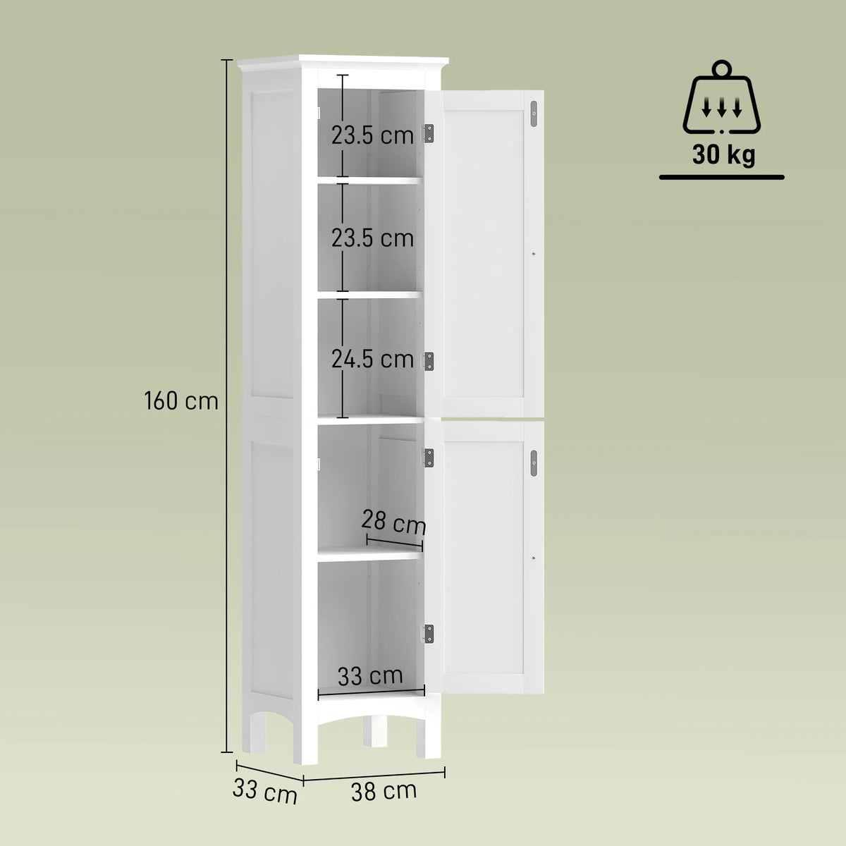 Tall Bathroom Storage Cabinet with Double Doors and Adjustable Shelves, White