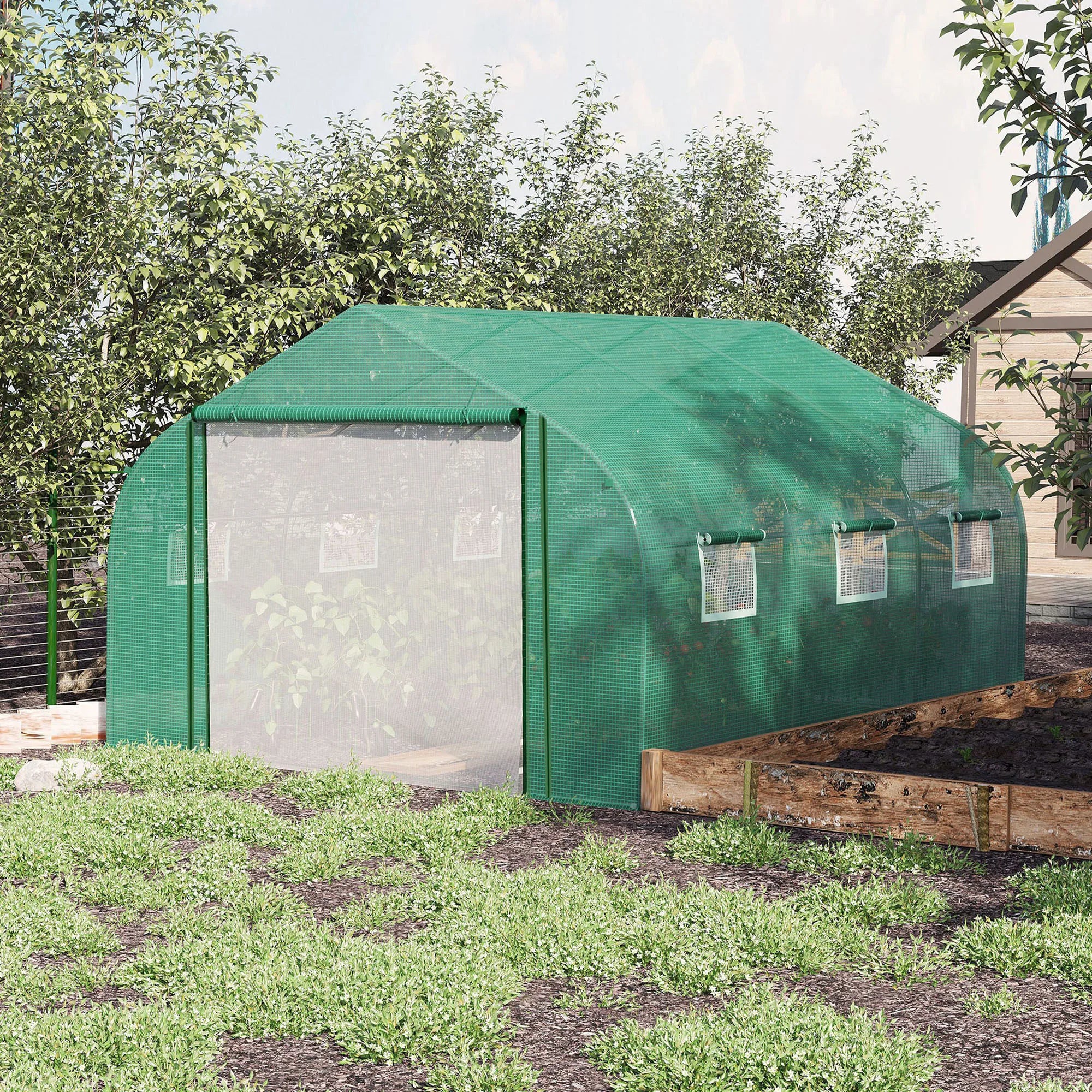 3.5 x 3m Walk-In Tunnel Greenhouse with Roll-Up Door, 6 Mesh Windows and Galvanised Steel Frame