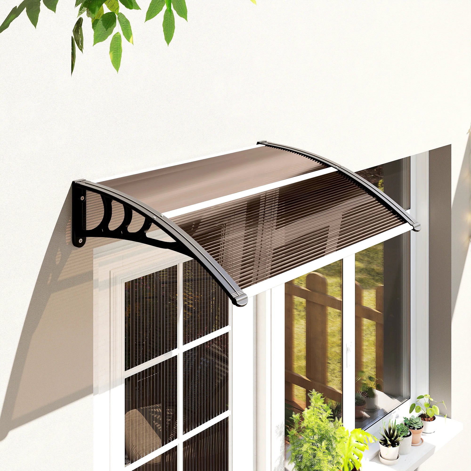 Door Canopy 120x75cm Curved Polycarbonate Awning Window Porch Rain and Sun Shelter Brown
