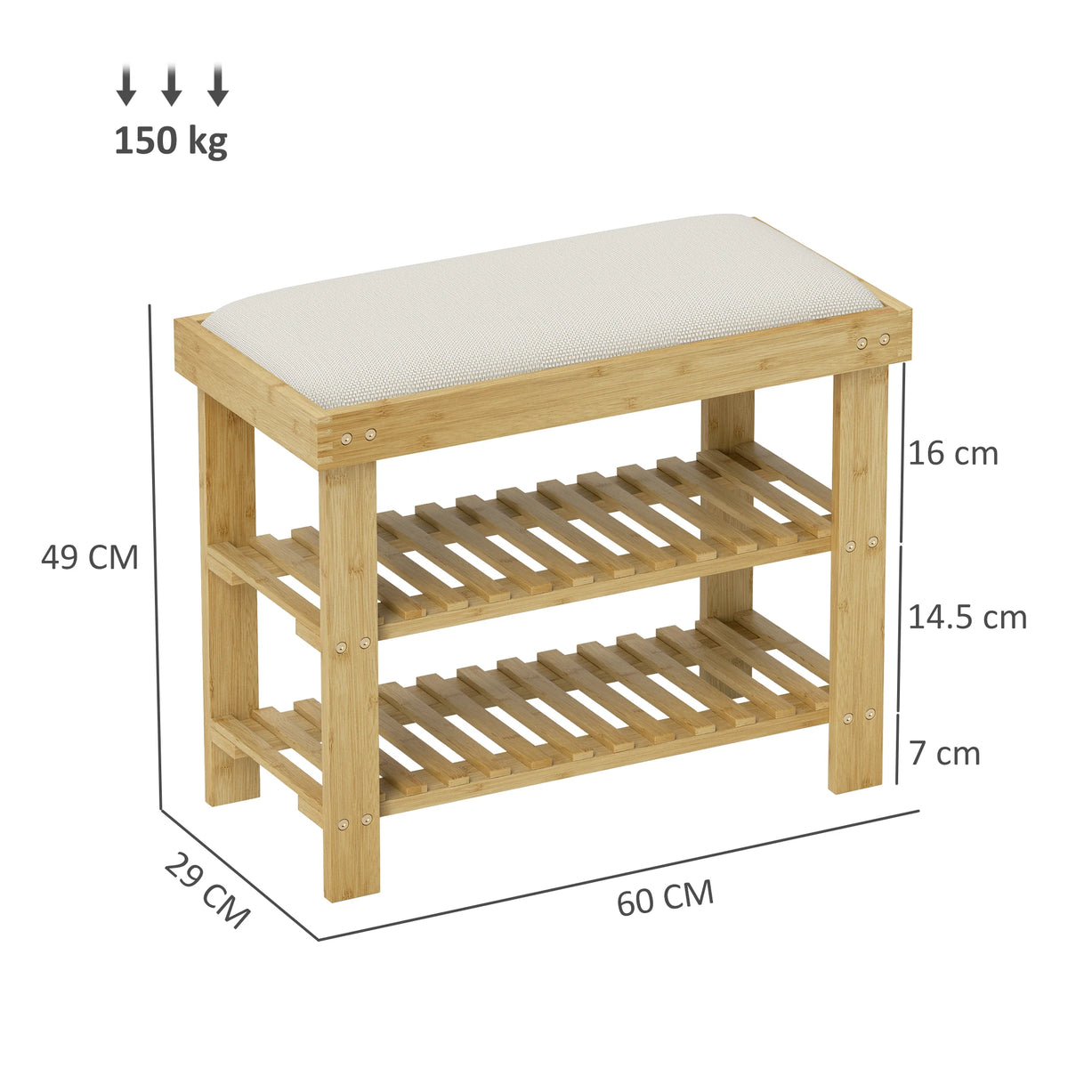 Bamboo Shoe Storage Bench 3 Tier with 4cm Linen Feel Cushion Holds 6 Pairs Entryway Seat Cream