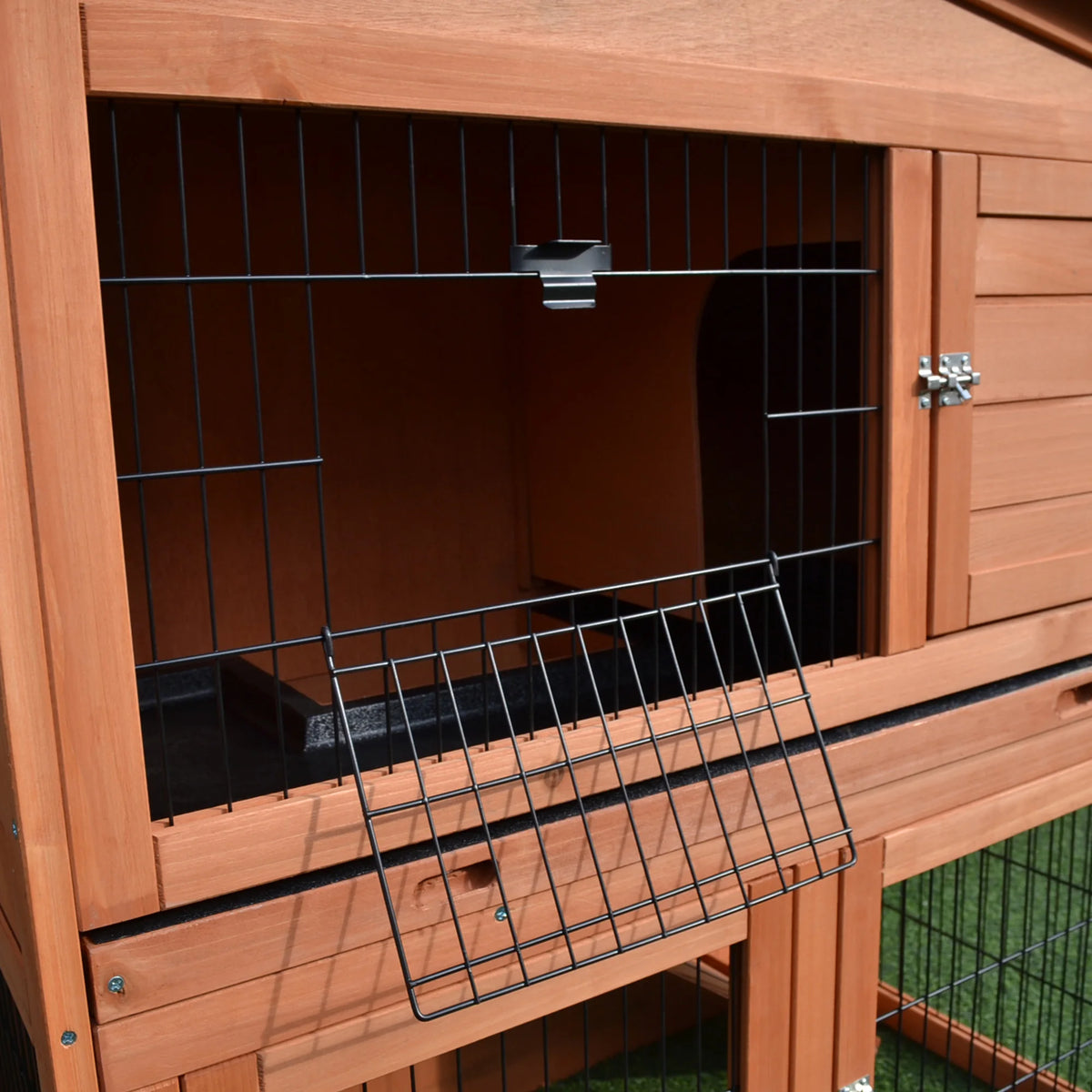 2 Tier Wooden Rabbit Hutch 100.5x55x101cm with Removable Divider 3 Doors Ramp and Slide Out Tray