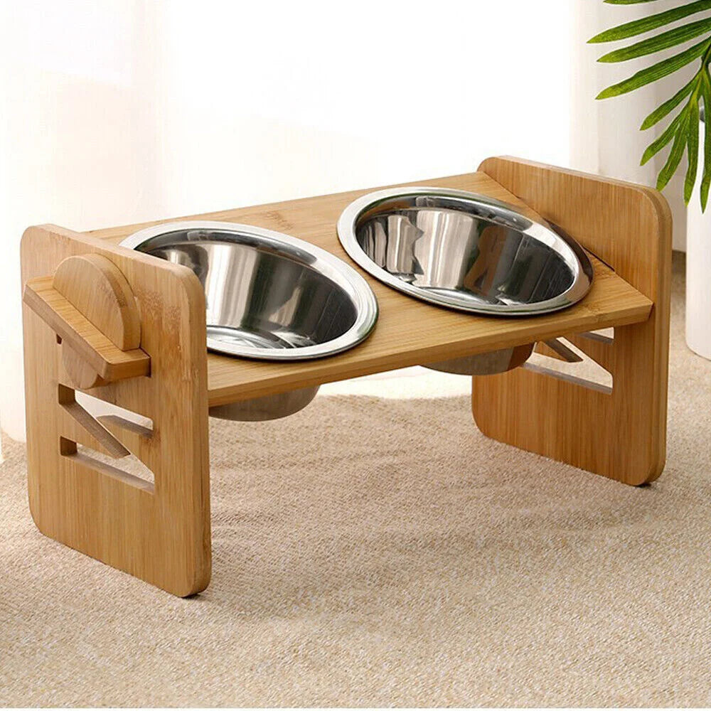 Elevated Dog Bowls with Bamboo Stand 4 Height Adjustable 2 x 380ml Stainless Steel Bowls 31x17x16cm