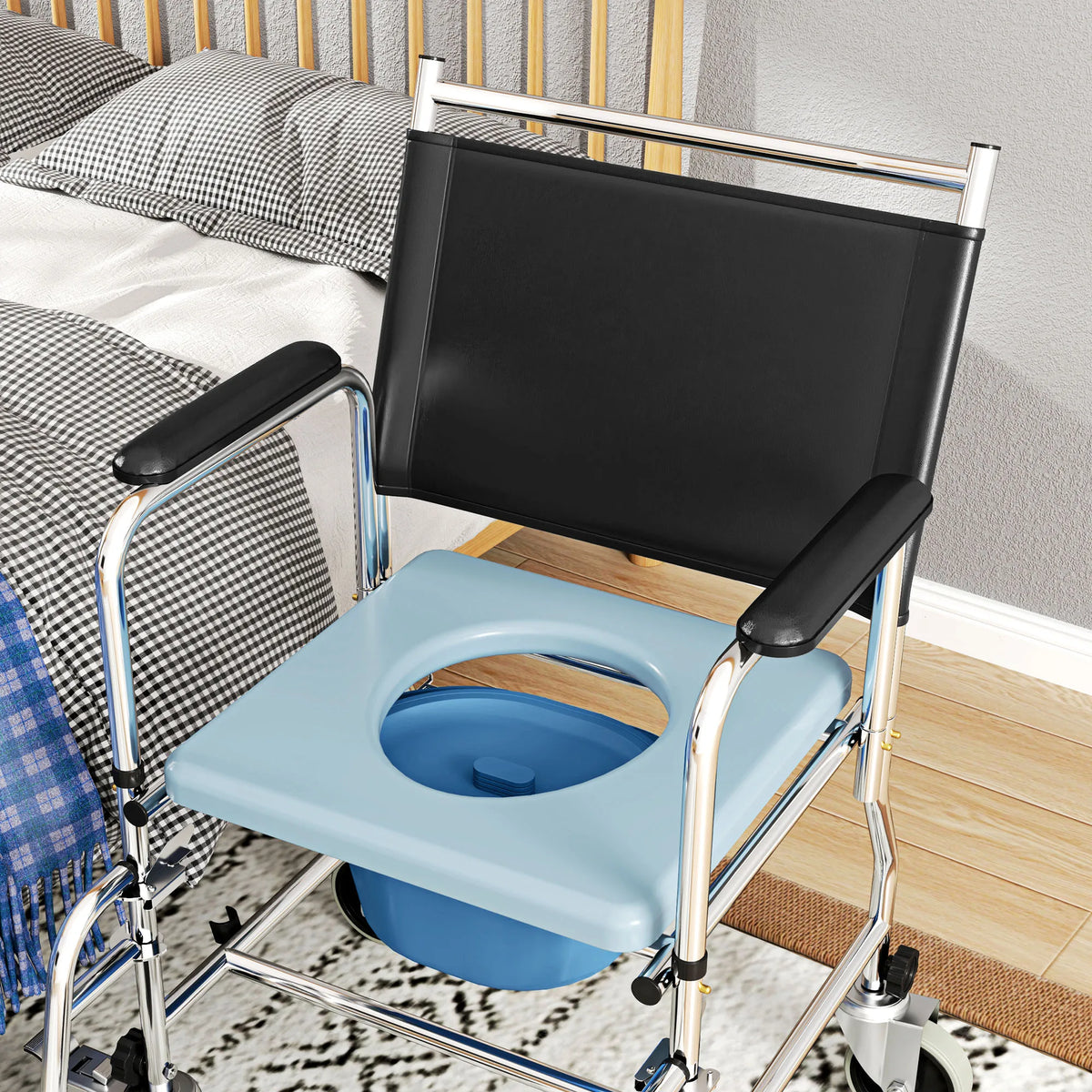 Shower Wheelchair, Commode Wheeled Chair with Padded Seat, Backrest