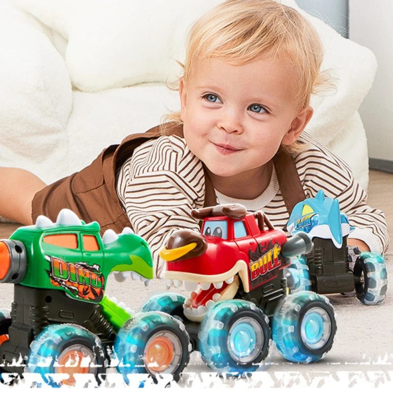 3 Pack Light-Up Monster Truck Toys Push and Go Cars with LED Glowing Wheels Shark Bull and T-Rex for Kids