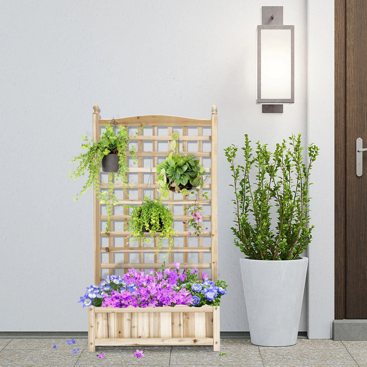 Garden Planter with Trellis Fir Wood Planting Box for Climbing Vines 2 Drainage Holes 50kg Natural