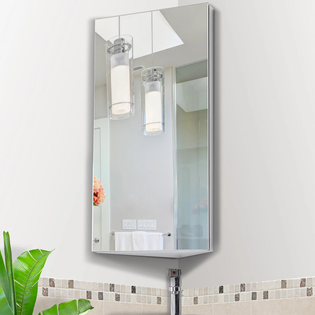 Bathroom Corner Mirror Cabinet Wall Mounted Stainless Steel with 3 Shelves and Frameless Mirrored Door
