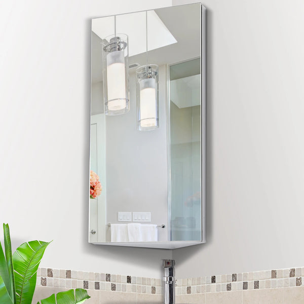 Bathroom Corner Mirror Cabinet Wall Mounted Stainless Steel with 3 Shelves and Frameless Mirrored Door