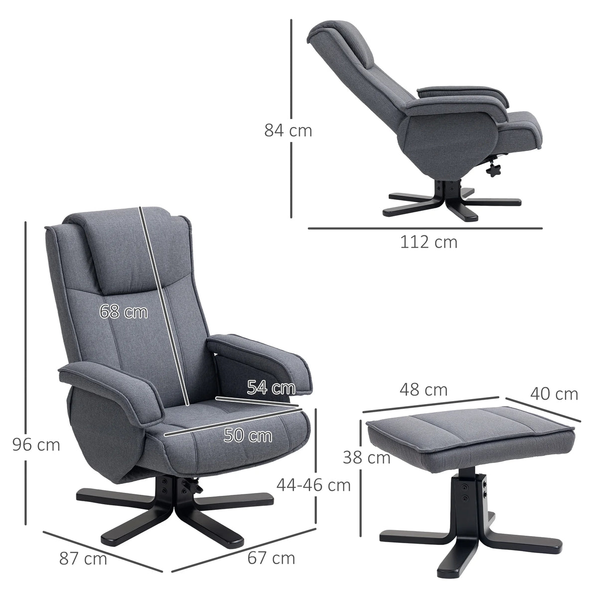 Swivel Recliner Armchair with Footstool, Linen-Look Fabric, Charcoal Grey