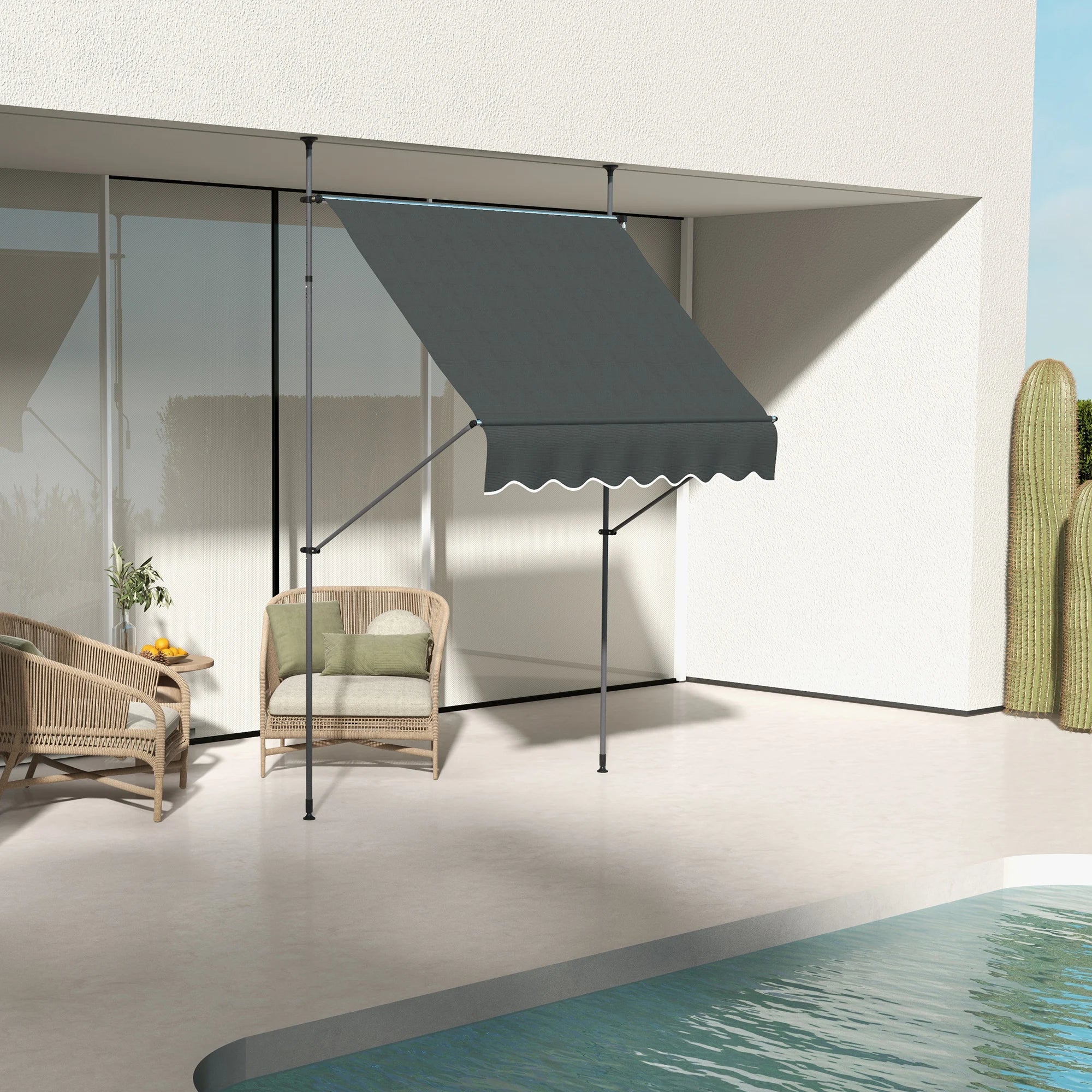 2x1.2m Freestanding Retractable Awning No Drilling 0-90° Adjustable Aluminium Frame Patio Sun Shade Dark Grey