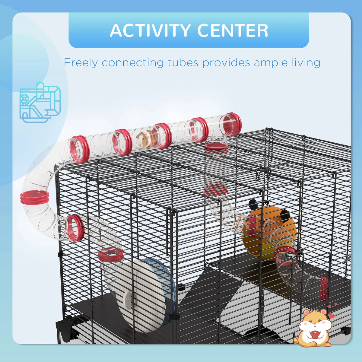 Large Hamster Cage, Gerbil Cage with Deep Glass Bottom, Tunnels, Non-Slip Ramps, Exercise Wheels, Water Bottle, Dish