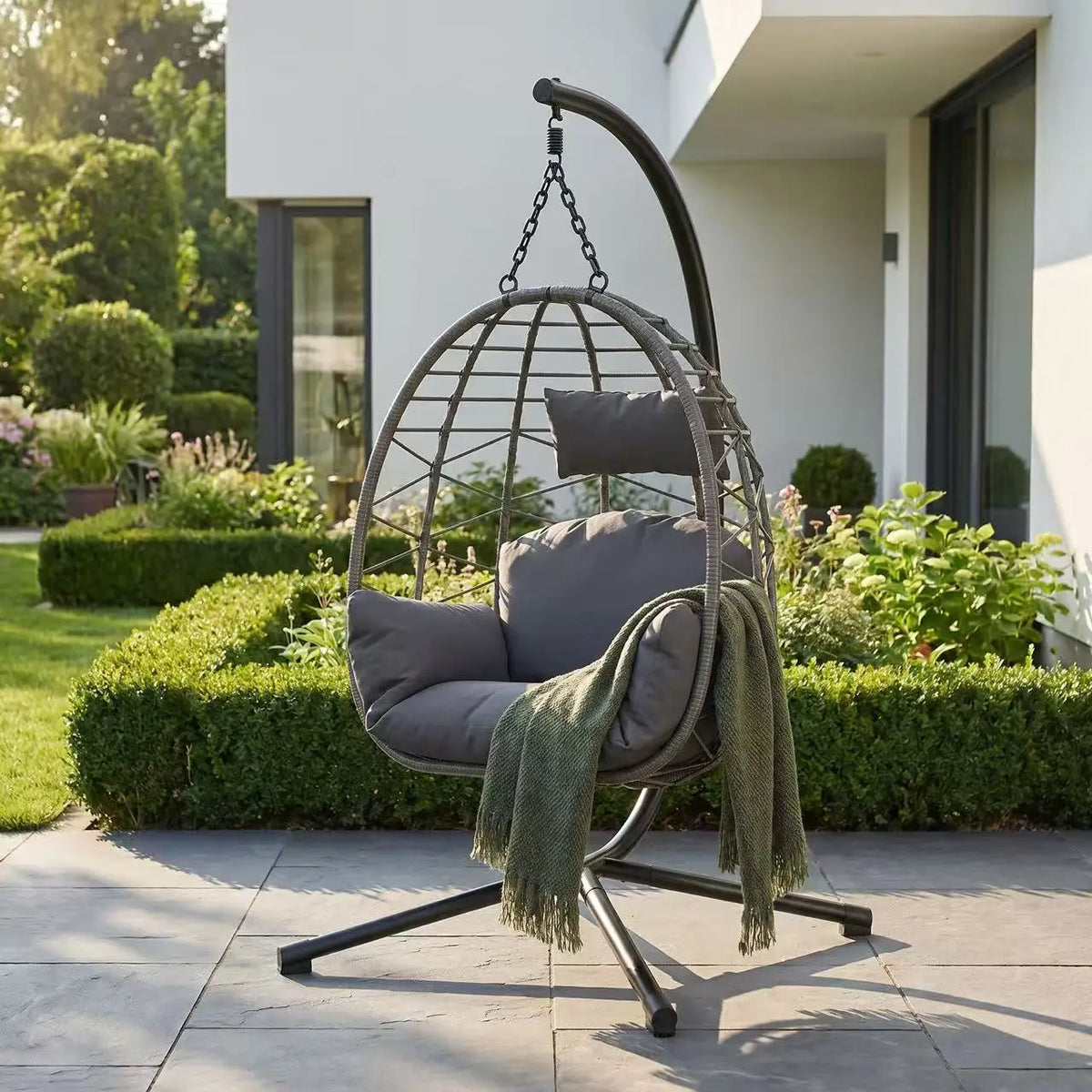 Outdoor Hanging Egg Chair with Stand, Waterproof Cushion & Rain Cover
