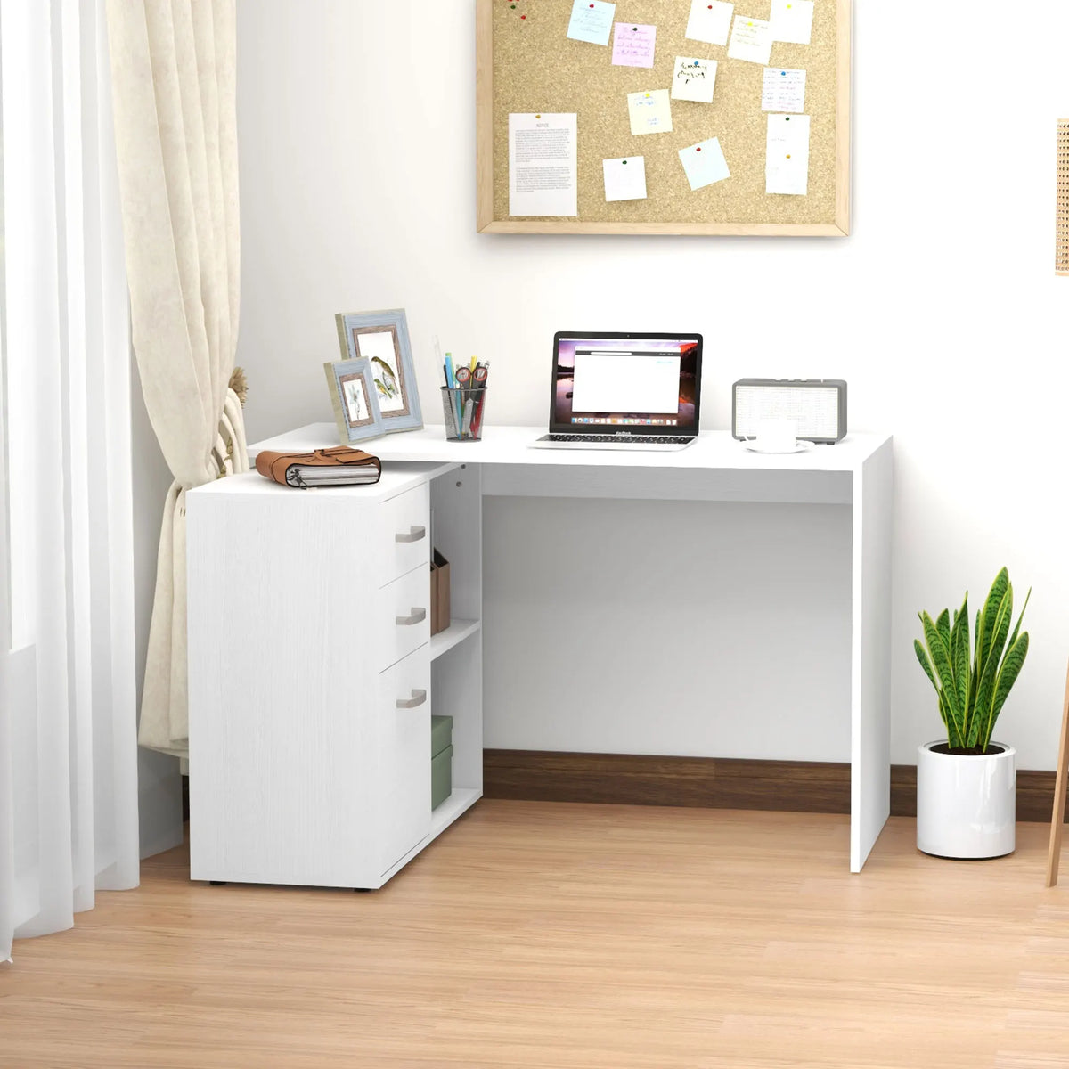 L-Shaped Corner Computer Desk with Drawers, Shelves and File Cabinet, White