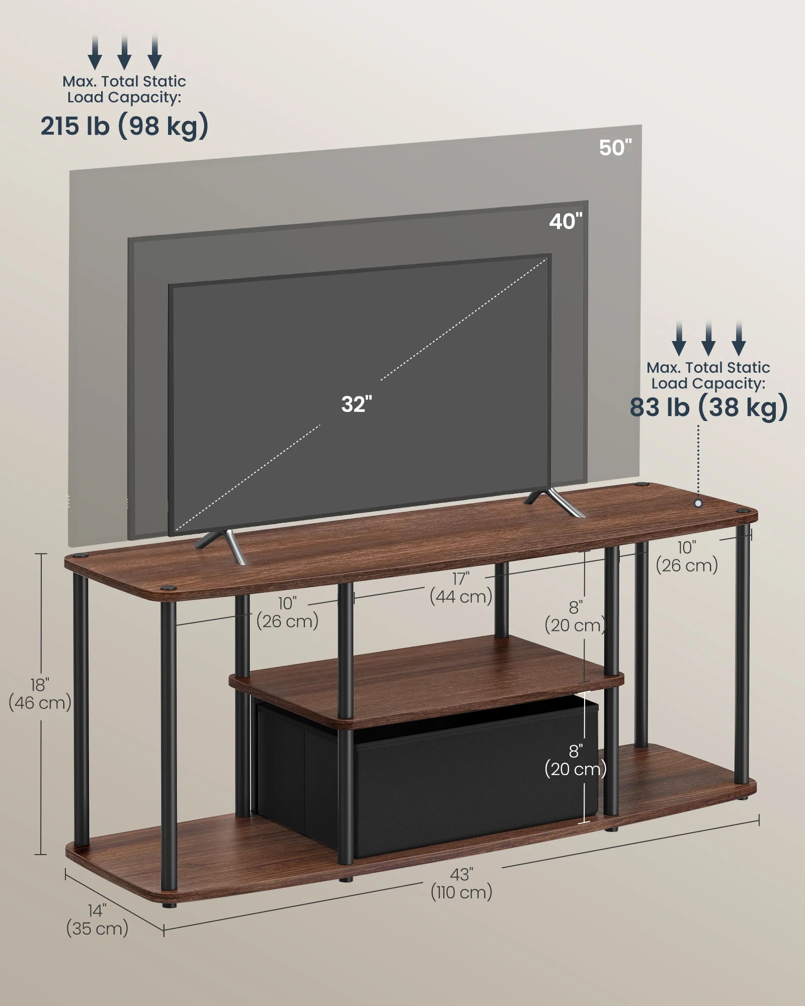 50 Inch TV Stand with 3-Tier Shelves, Fabric Drawer and Tool-Free Assembly in 10 Minutes