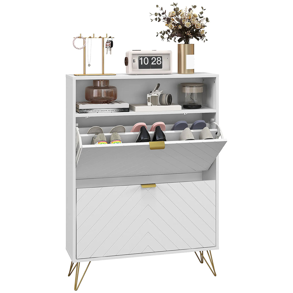 Narrow Shoe Cabinet with 2 Flip Drawers and Open Shelf, Holds 12 Pairs, 80 x 24 x 110 cm