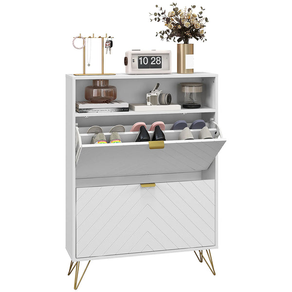 Narrow Shoe Cabinet with 2 Flip Drawers and Open Shelf, Holds 12 Pairs, 80 x 24 x 110 cm