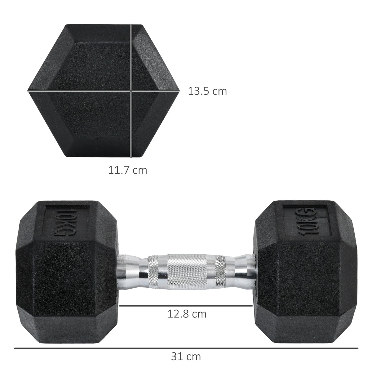2 x 10kg Rubber Hex Dumbbells, Pair of Hand Weights with Knurled Handle, Black