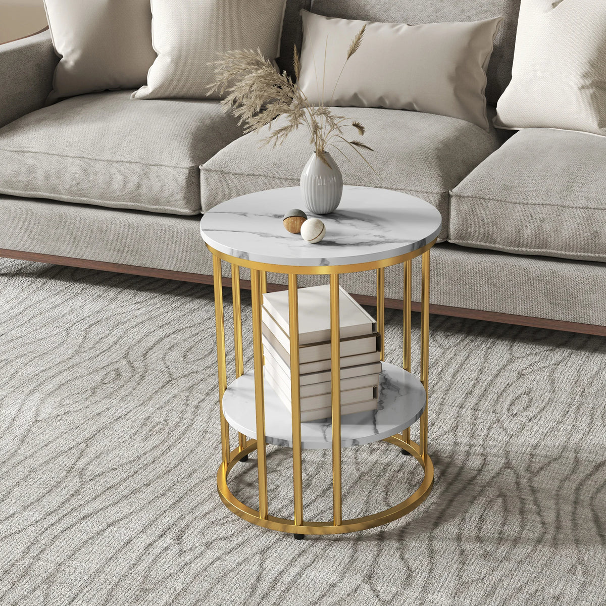 Marble-Effect Round Coffee Tables Set of 2 with Shelf, Gold Tone and White