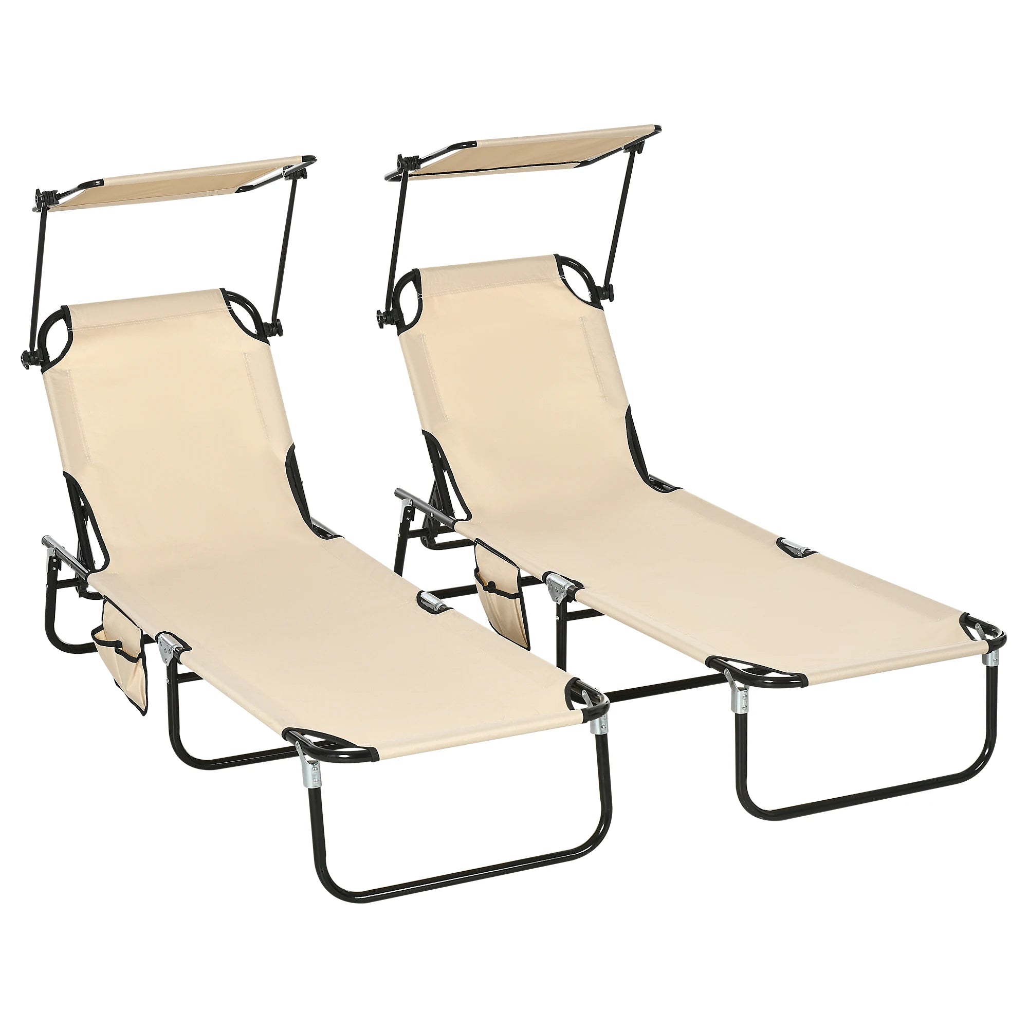 Set of 2 Folding Sun Loungers with Canopy, 5-Position Recline, Side Pocket and Breathable Mesh Fabric