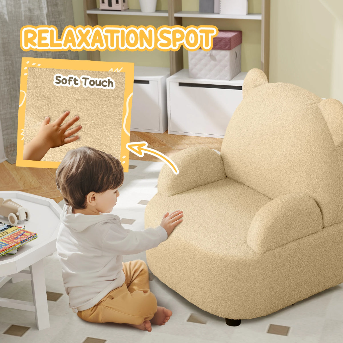 Kids Bear Shaped Armchair 52x48x59cm Teddy Fleece Toddler Chair with Ears for Ages 18 Months to 3 Years